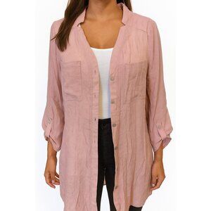 Womens Blush Pink Tunic Button Up V-Neck Top Lagenlook Pastel Boho Coastal Sz L